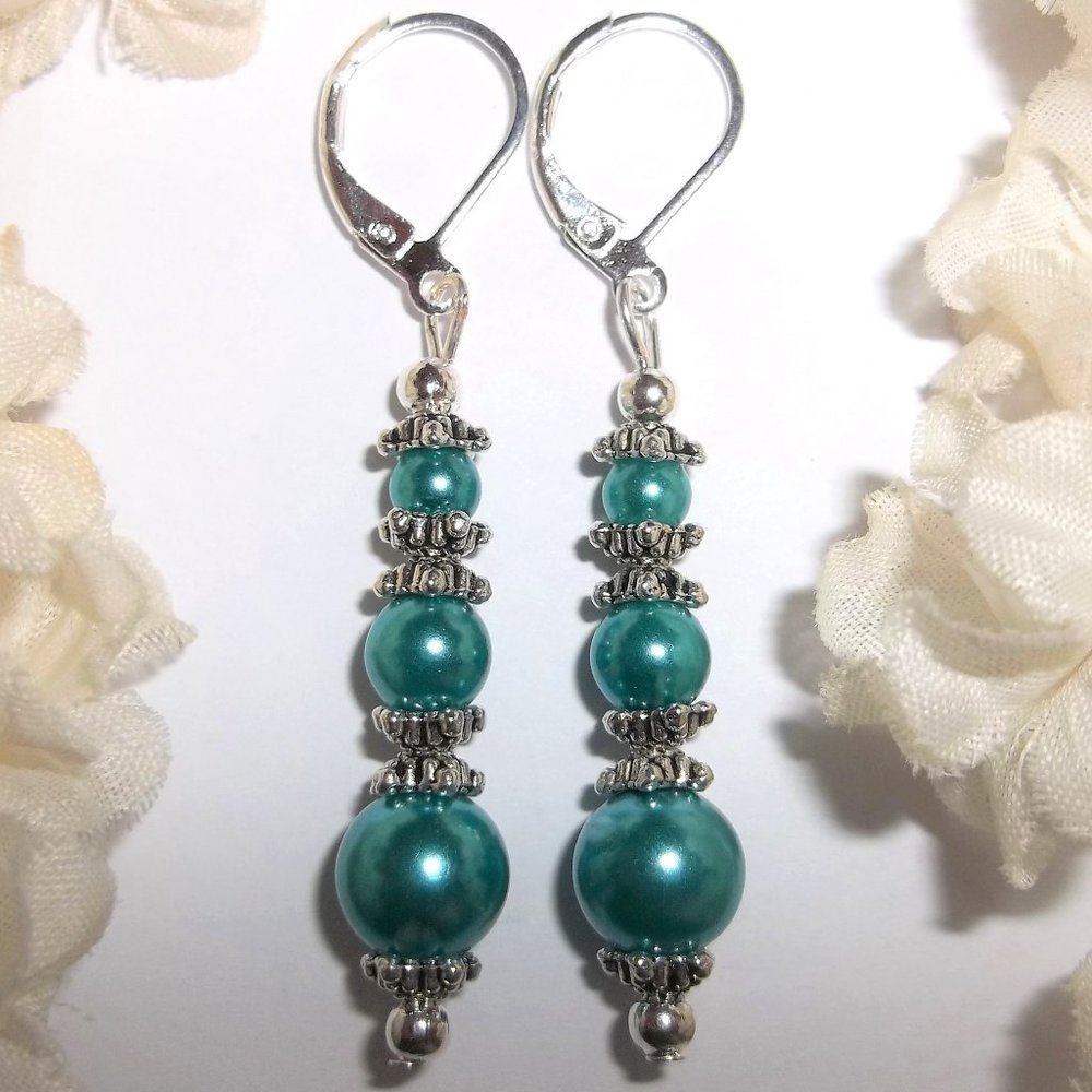Earring Set Beaded Turquoise Blue Faux Pearl Dangle Drop Elegant Jewelry 7304
